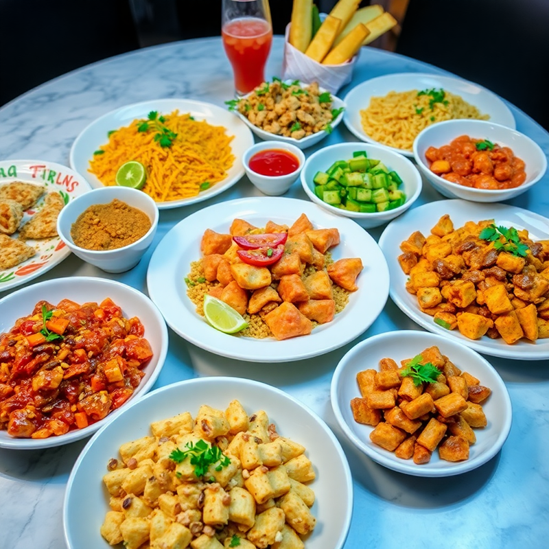 delicious food spread with multiple dishes from different cuisines, professional food photography, vibrant colors, appetizing presentation